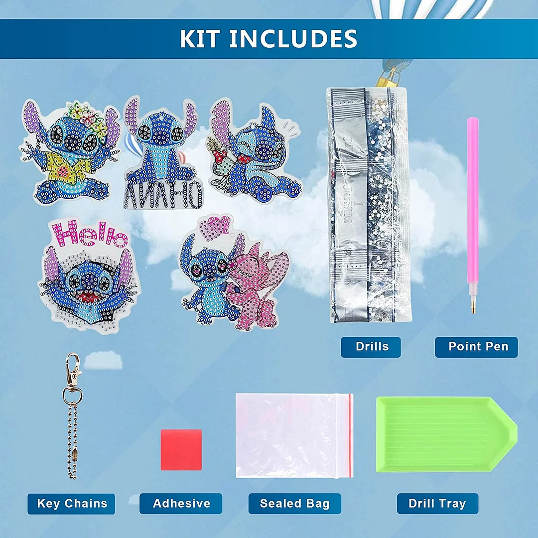 5Pcs Stitch Diamond Painting Keychain, Special Shaped Diamond Art Keychains, DIY Keychain Decoration Pendant Gift for Kids Adults(Double Sided)