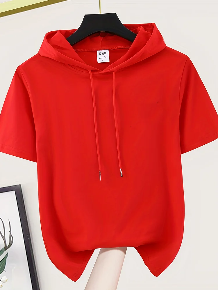 1pc Chic Summer Women's Hooded T-Shirt - Casual Short Sleeve, Loose Fit, Solid Red Polyester Blend, Drawstring Hoodie, Machine Washable, Lightweight & Breathable For Everyday Style, Breathable Top | Chic Casual Style | Glossy Fabric, Ladies T Shirt