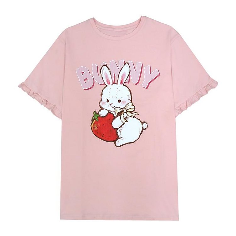 Bunny Strawberry Print Ruffle Oversize T-Shirt - Modakawa Modakawa
