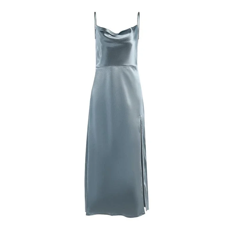 Crystal satin high slit suspenders sexy evening dress-zachics