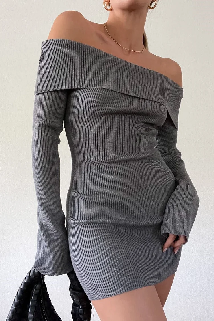 Knit Off Shoulder Flared Sleeve Bodycon Sweater Mini Dresses-Grey