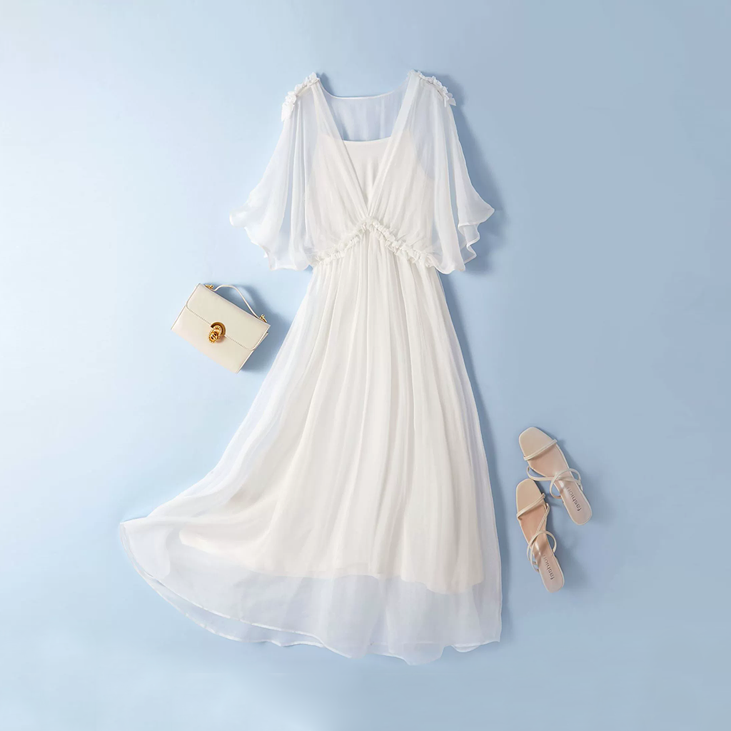 Summer Silk Dress Pleated Decoration For Vacation REAL SILK LIFE