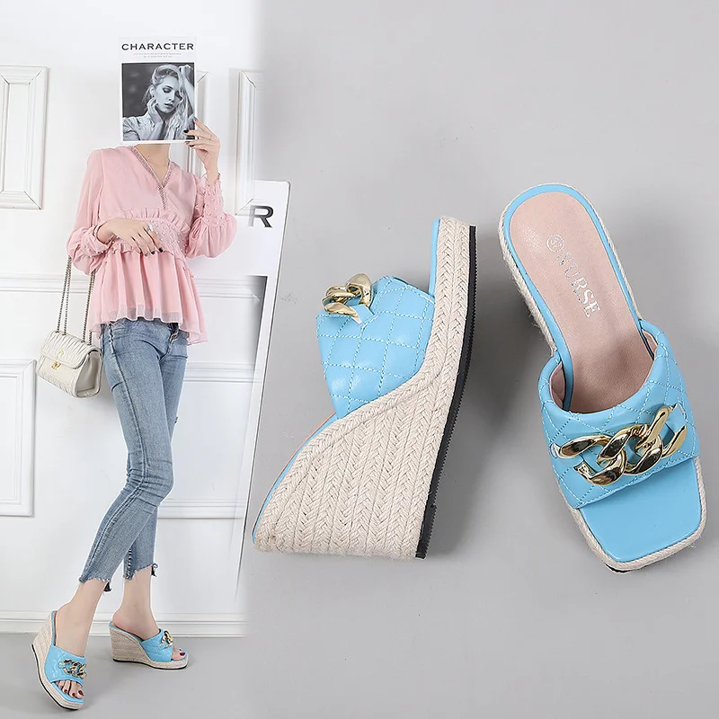 Wongn Wongn Summer Wedge Sandals Thick Square Toe Flip-Toe Female Metal Chain Straw Hemp Rope Bottom
