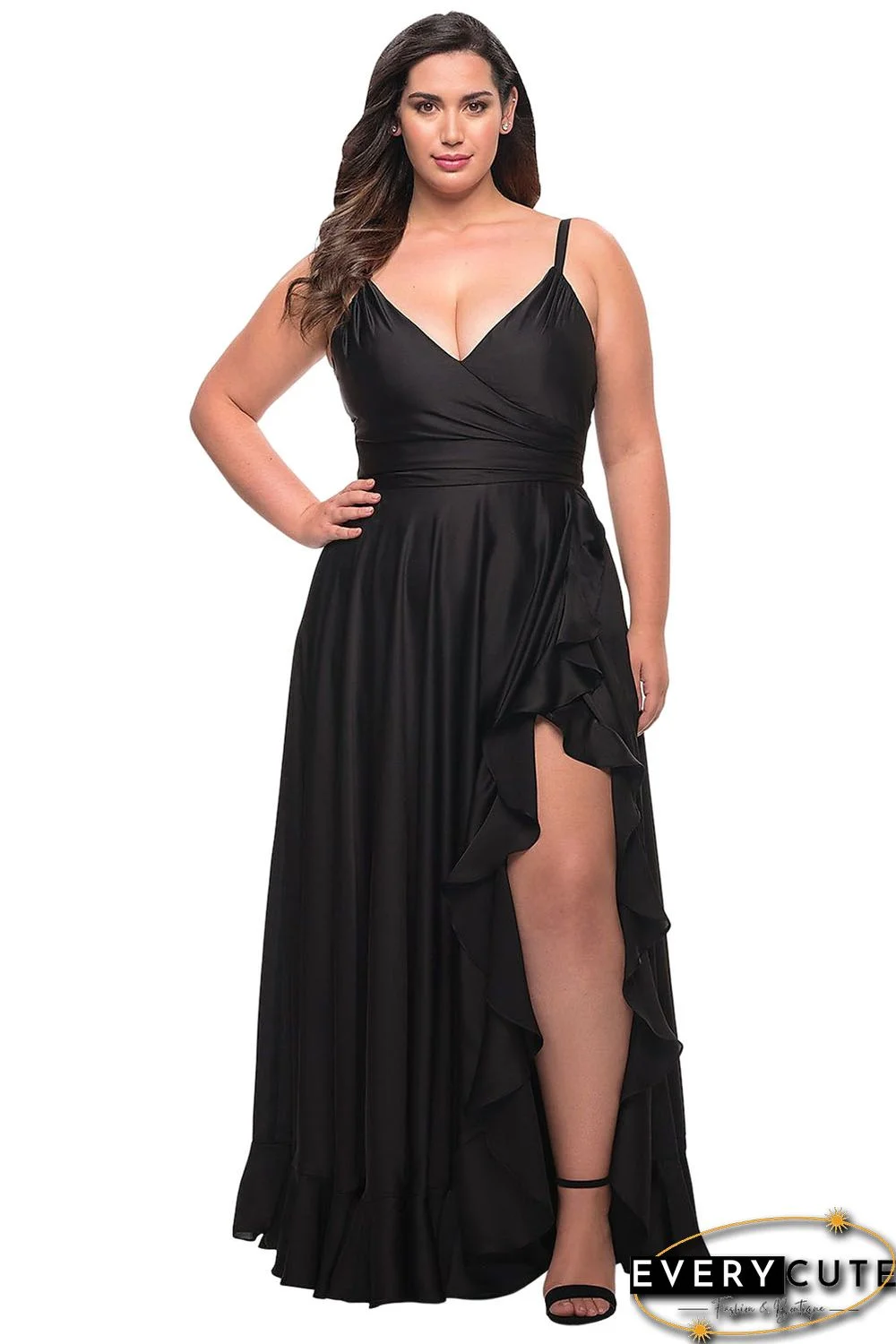 Black Ruffled Thigh High Slit Sleeveless Plus Size Evening Dress