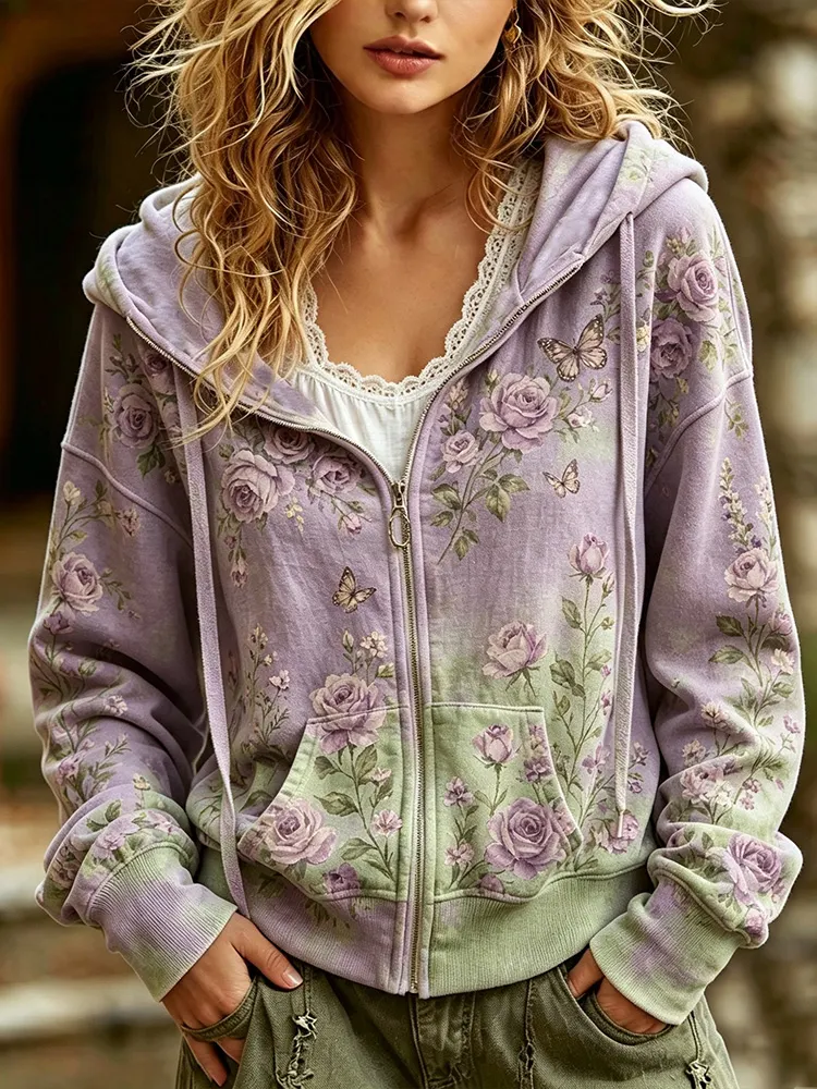 Comstylish Vintage Rose And Butterfly Art Traditional Tie-dye Casual Hoodie