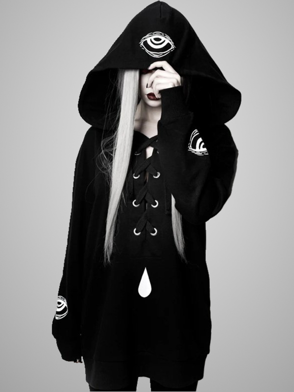 Goth Eyes Printed Lace Up Hoodie