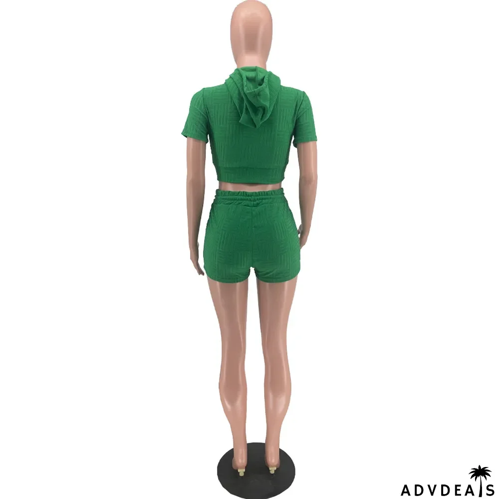 Women Clothes Summer Jacquard Solid Short Sleeve Crop Hoodie Fashion Casual Two Piece Shorts Set