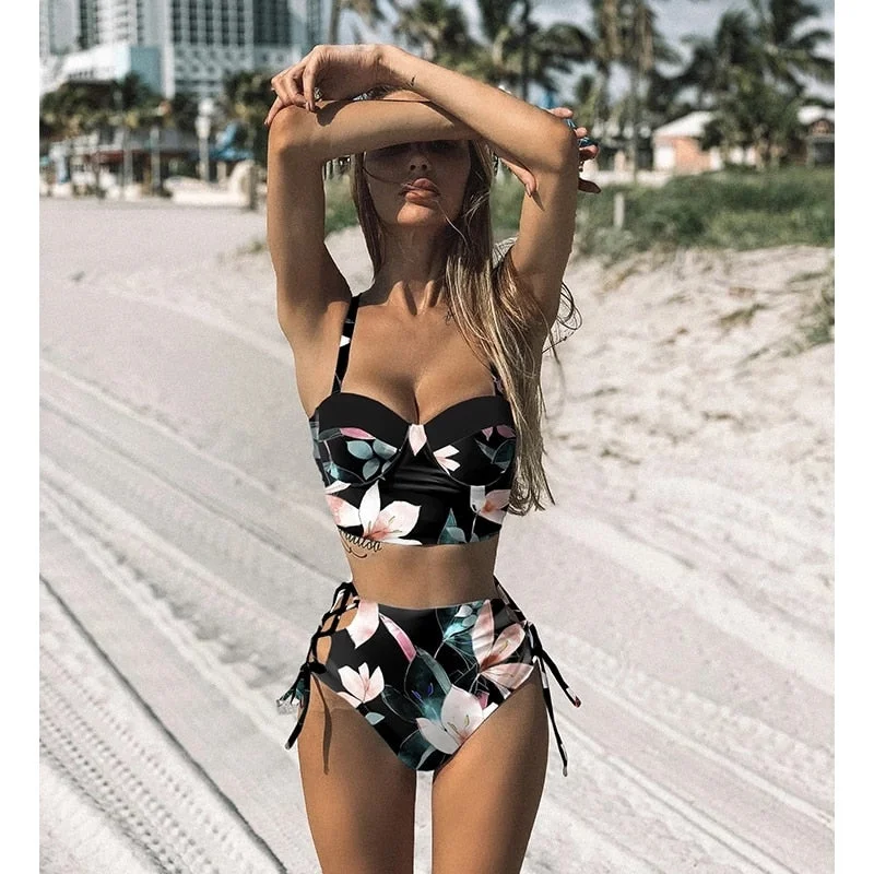 High Waist Bikini Set 2021 mujer Push Up Bandage Bikini Swimwear Women Floral Two Pieces Swimsuit Strappy biquinitraje de baño