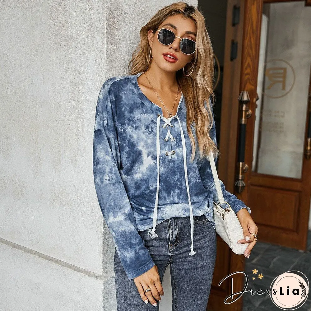 Sale Women Tie Dye PrintT-shirt Long Sleeved Loose Top For Autumn Cross Bandage Casual