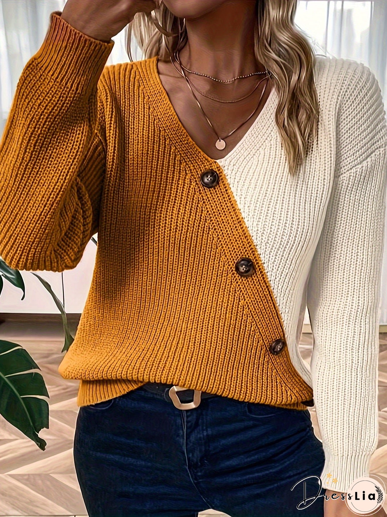 Color Block V Neck Pullover Sweater, Casual Button Long Sleeve Drop Shoulder Sweater, Women's Clothing