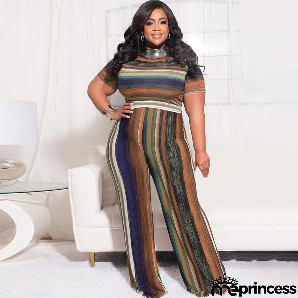 Plus Size Striped Short Sleeve Two Piece Pants Sets