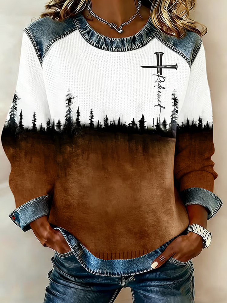  Women's Winter Forest Gradient Faith Cross Print Crew Neck Top Westsshops