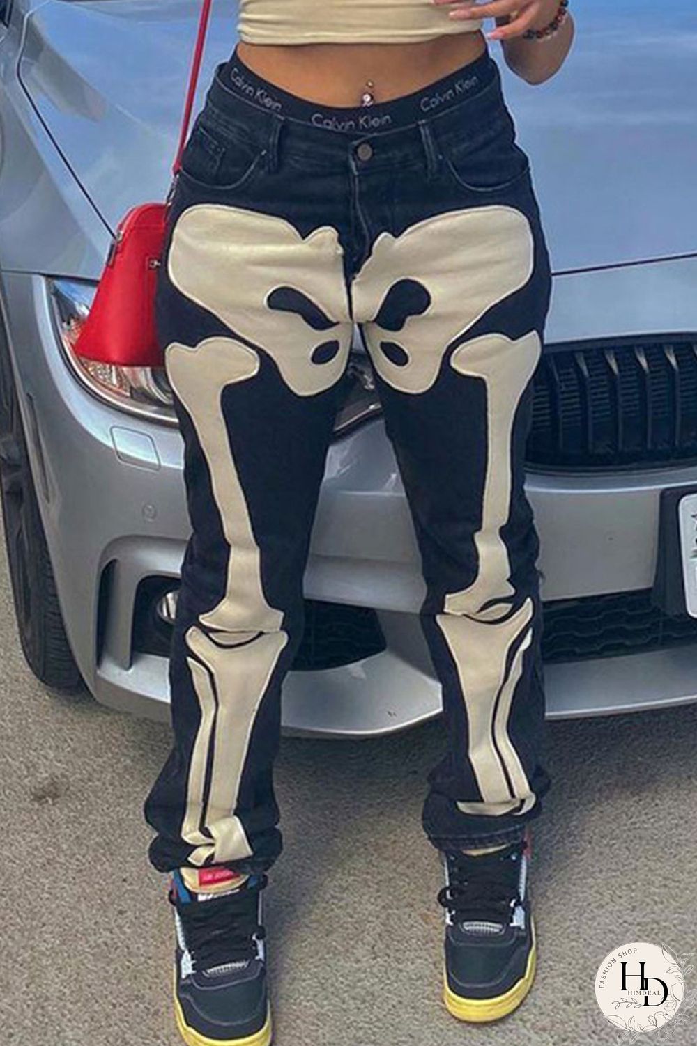 Grey Casual Street Print Patchwork High Waist Denim Jeans