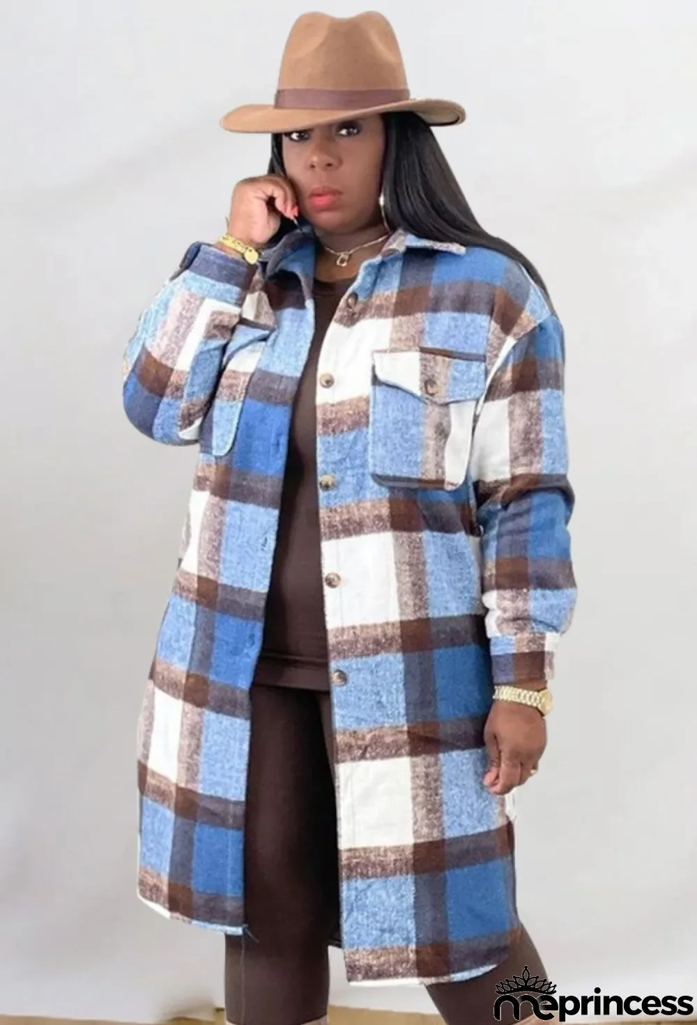 Winter Casual Blue Plaid Turndown Collar Long Sleeve Loose Blouse Coat