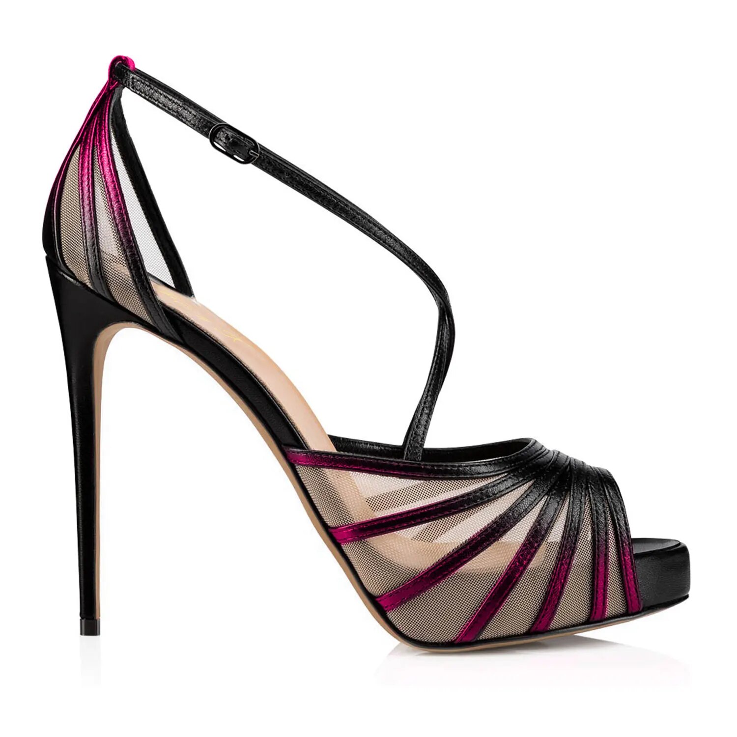 TAAFO Black Mesh Platform Stilettos Women's Pumps High Thin Heels Peep Toe Party Ladies Buckle Strap Shoes Big Size 40 42