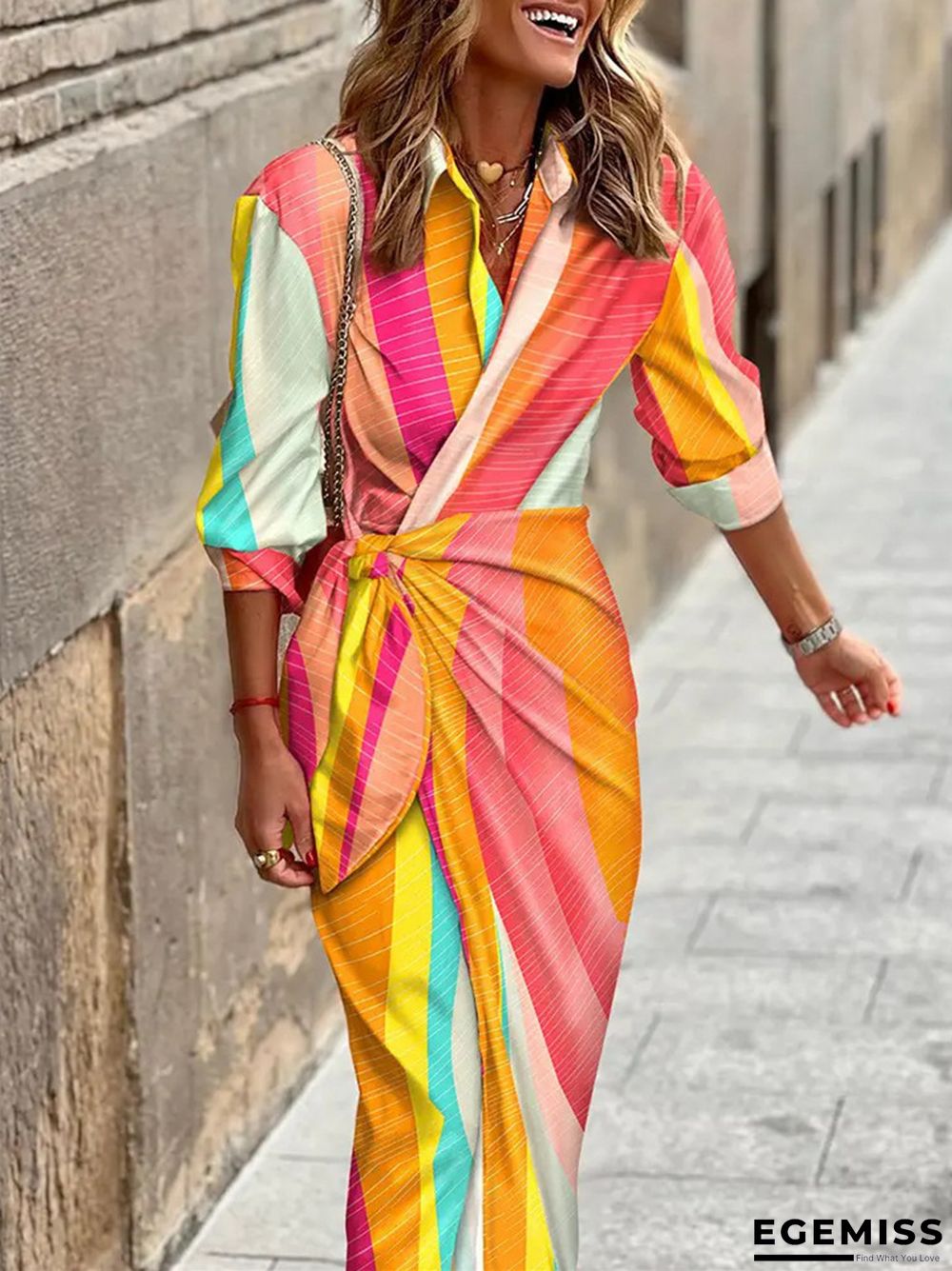 Fashion Printed Shirt Collar Lace Up Medium Length Striped Dress | EGEMISS