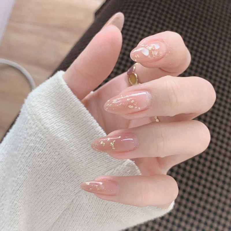 24Pcs/boxed Nude Color Shiny press on nails Women Bride Wearable Disassembly Full Cover Finger Fake Nail with Glue for girl DIY-Nail Inspo