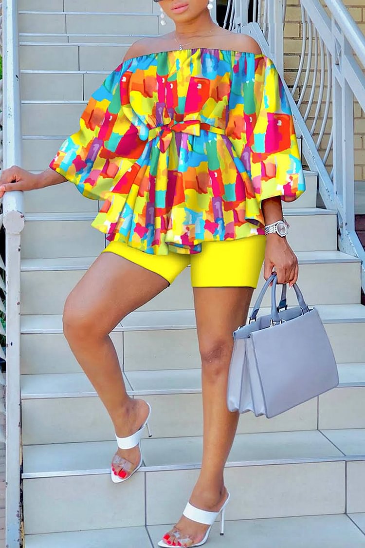 Xpluswear Plus Size Vacation Tropical All Over Print Off Shoulder Belted Two Piece Short Set