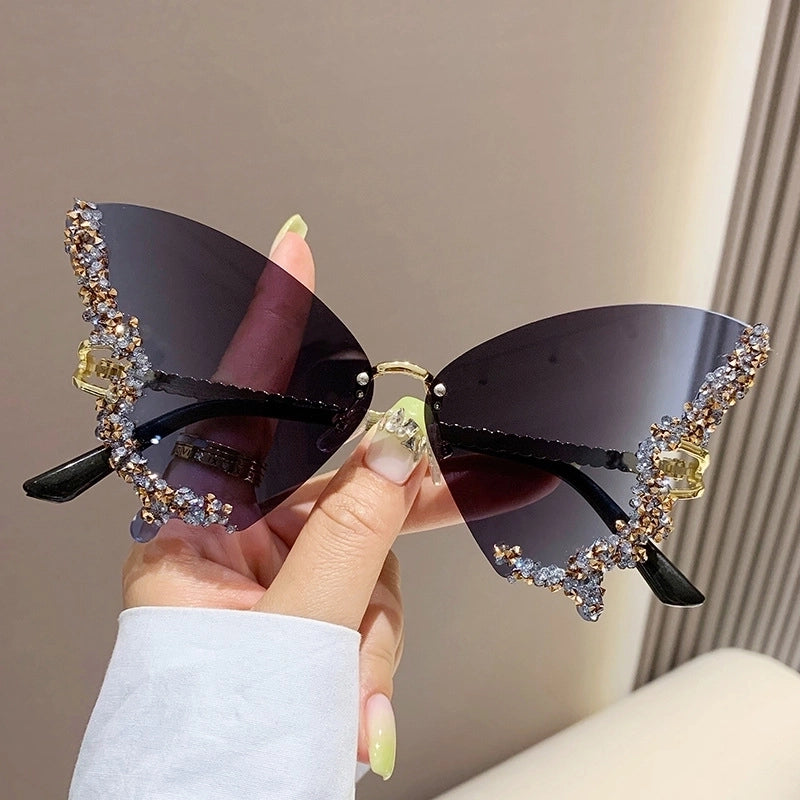 Elegant Modern Style Butterfly Pc Butterfly Frame Diamond Frameless Women’s Sunglasses