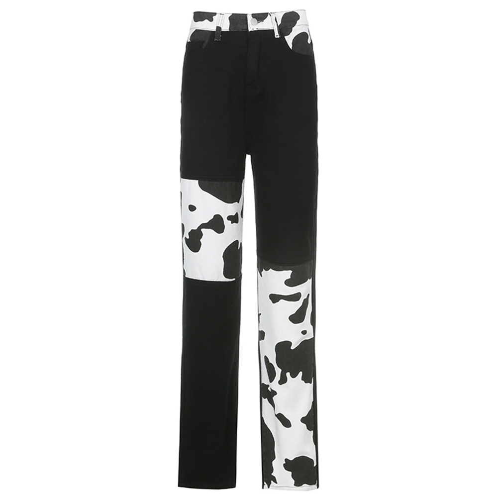 

Street Patchwork Cow Print Jeans Straight Loose High Waist Pants Trousers, Black, 501 Original