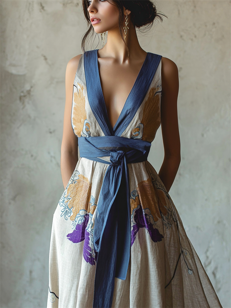 Classy Japanese Flowers Art Flowy Tied Linen Maxi Dress wearshes