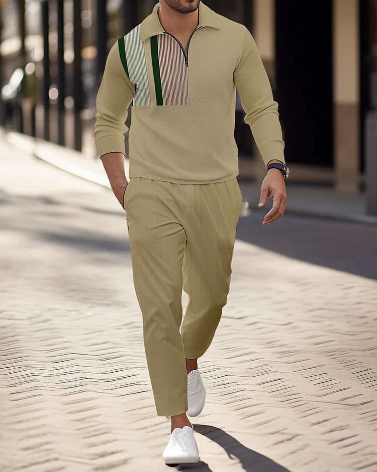 Men's Casual Colorblock Personalized Long Sleeve Polo Shirt Set 156