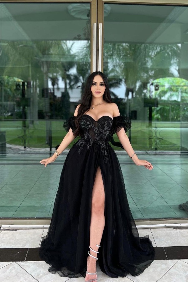 Ovlias Sexy Black Off-Shoulders V-Neck Prom Dress Lace Sheer with Split JQ0071