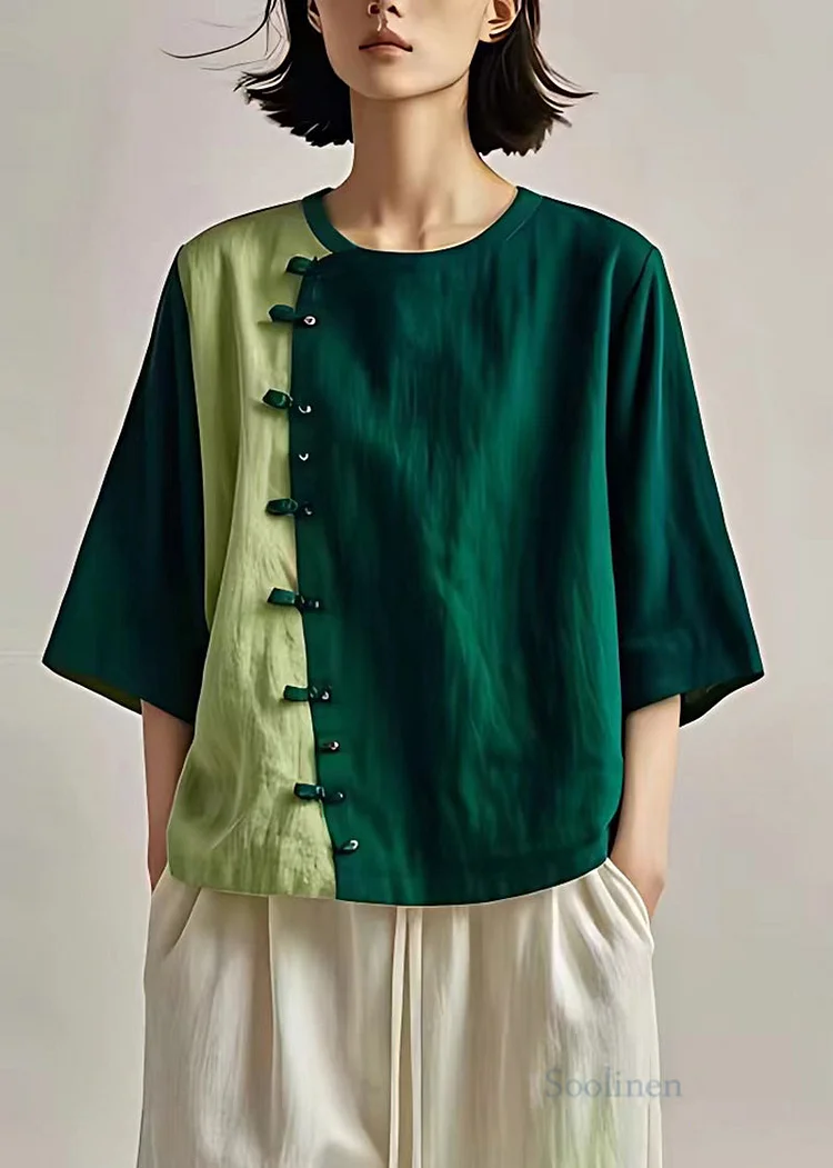 Dull Green Patchwork Linen Blouse Top Chinese Button Summer