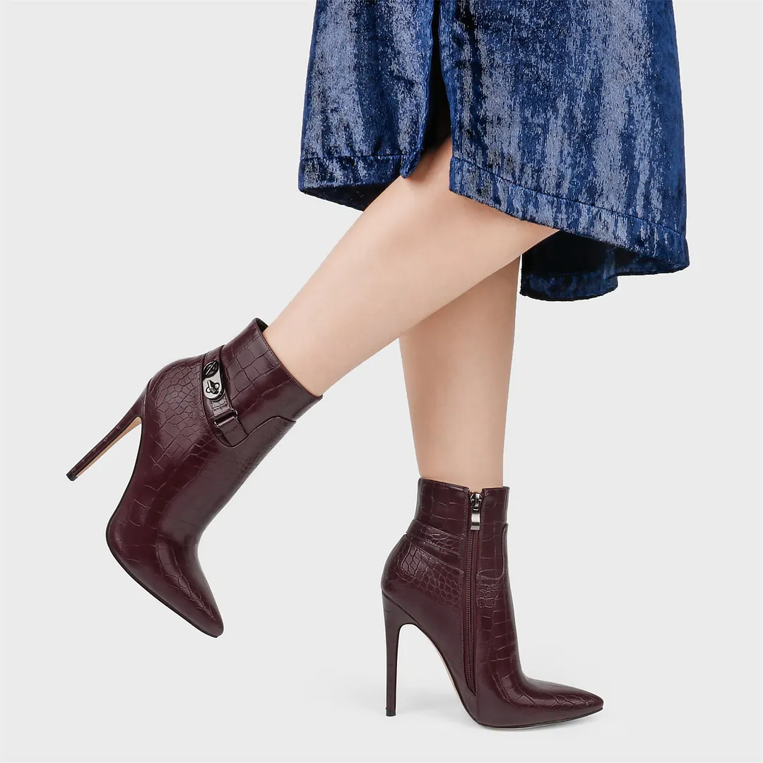 12cm/4.72 inch Pointed Toe Stiletto Crocodile Ankle Booties With Metal Buckle