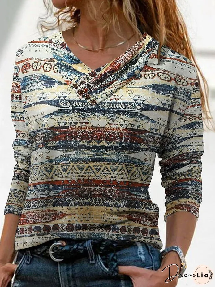 T-Shirts Printed Cross V-Neck Button Long Sleeve T-Shirt for Women