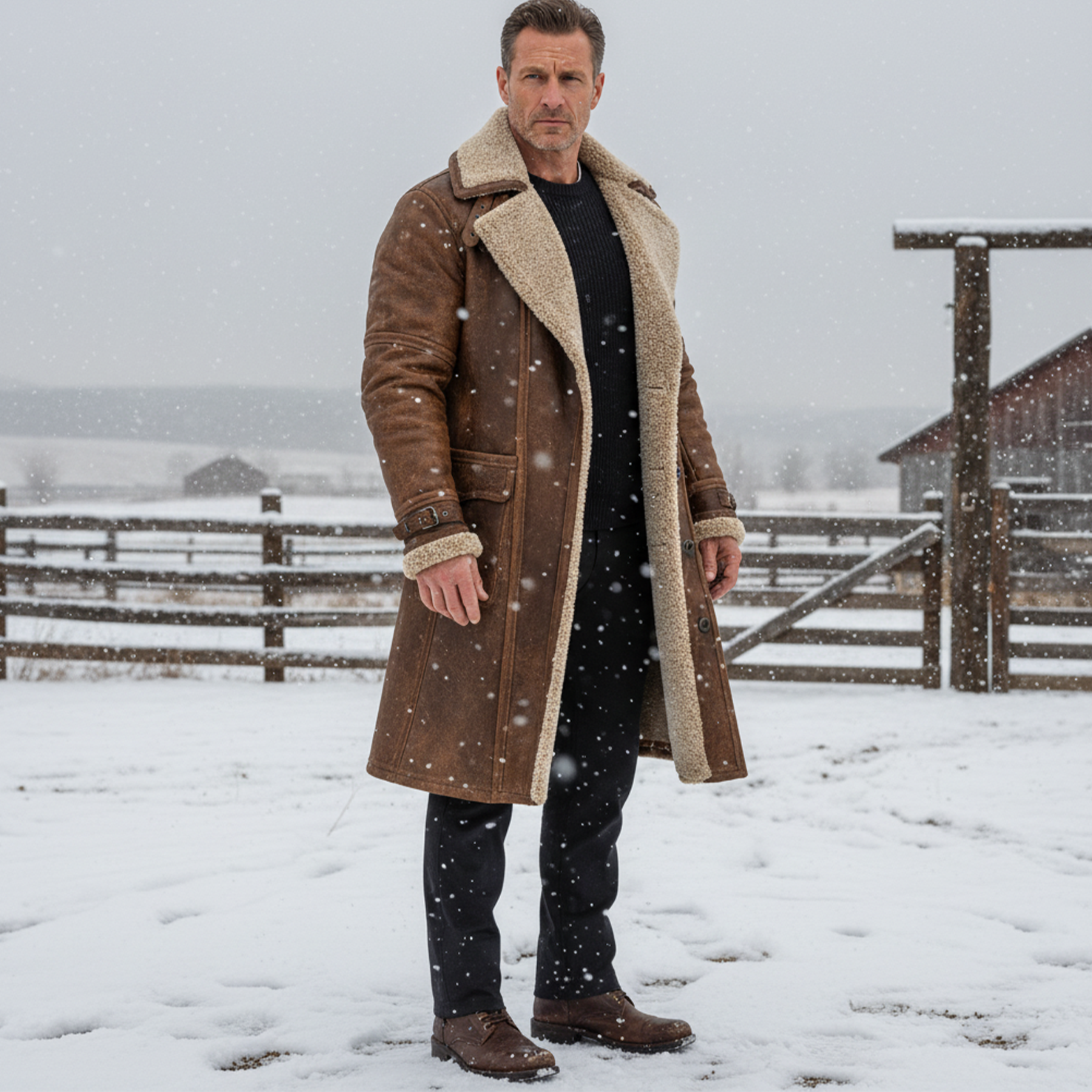 Men's Vintage Brown Leather Coat With Faux Fur Lining