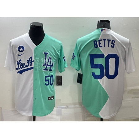Men's Los Angeles Dodgers #50 Mookie Betts 2022 All-Star White/Green Cool Base Stitched Baseball Jersey IXO7