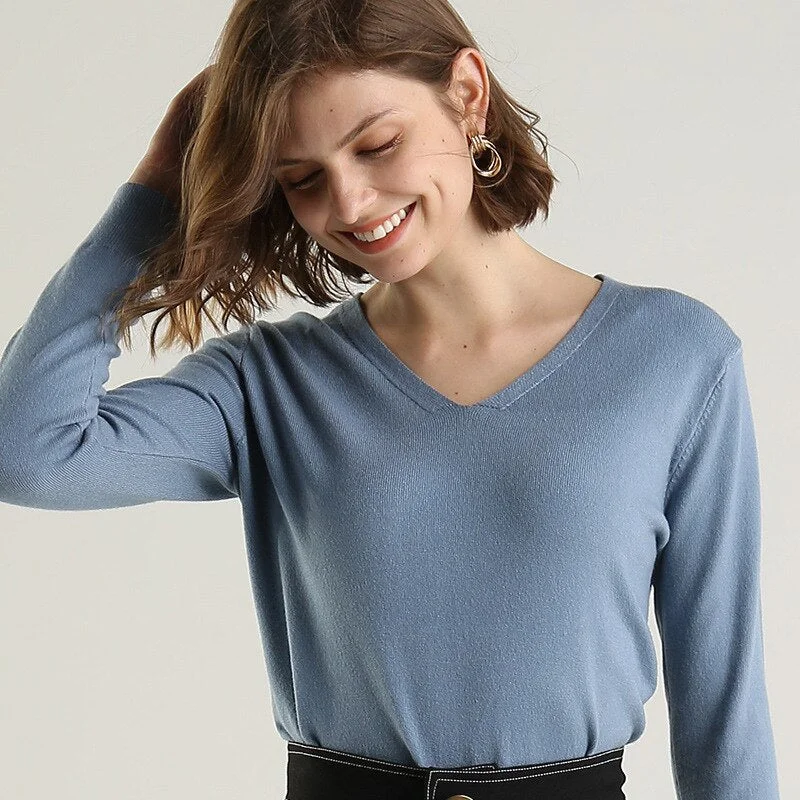 Women Sweater 2020 New V-neck Female Long-sleeved Knitted Pullover Jumper Pull Femme Clothes White Loose Thin Good Quality