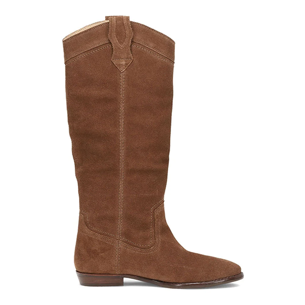 Brown Vegan Suede Round Toe Pull-On Flat Western Boots for Women