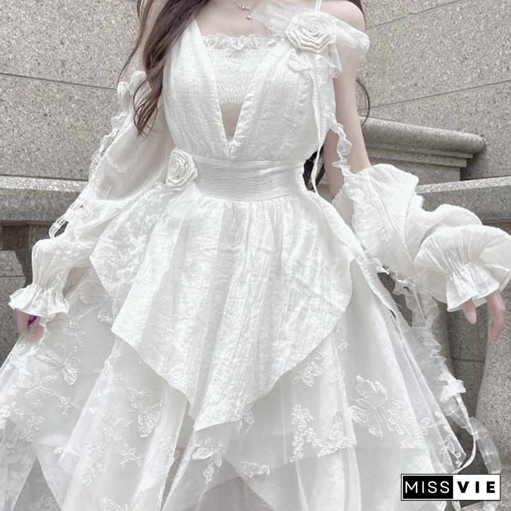 Irregular Embroidery Flower Decor Tulle Slip Dress