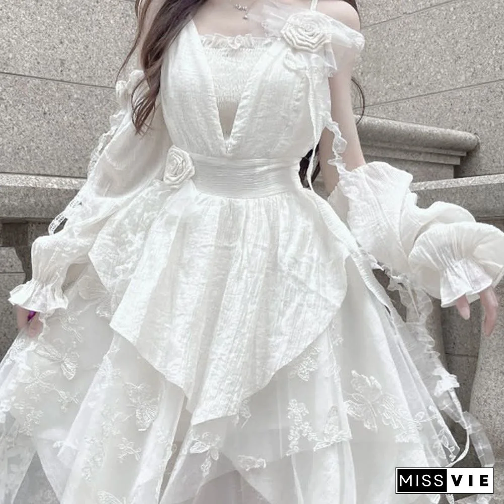 Irregular Embroidery Flower Decor Tulle Slip Dress