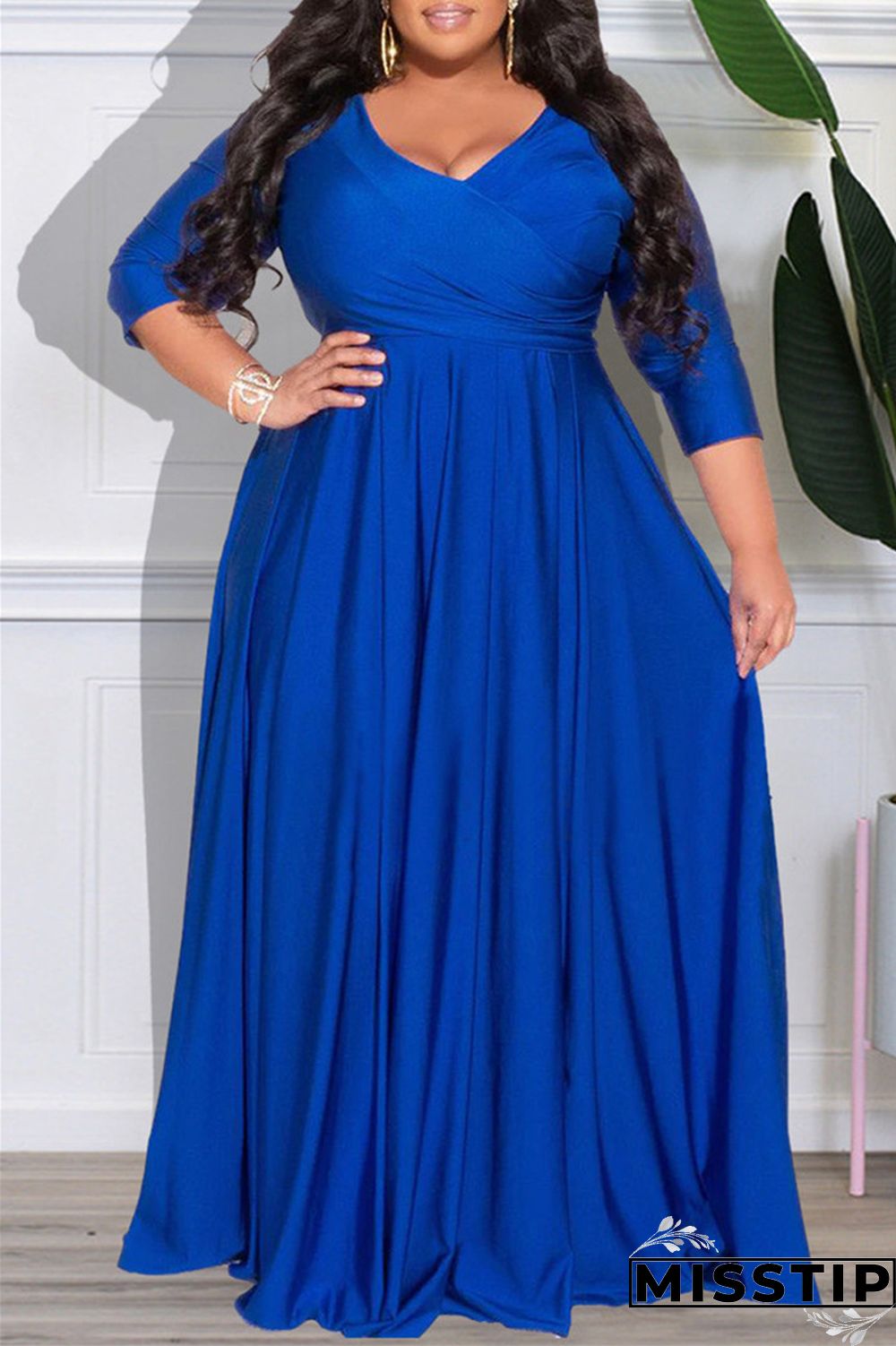 Dark Purple Casual Solid Patchwork V Neck Long Sleeve Plus Size Dresses