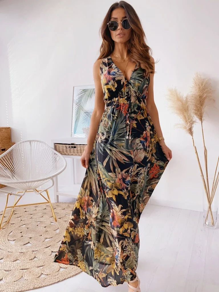 Tropical Print V-Neck Spaghetti Strap Maxi Dress