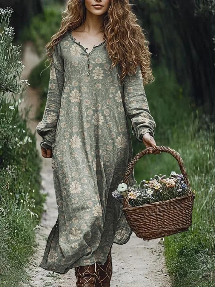 Women's Long Sleeve Vintage Floral Pocket Cotton Midi Dress