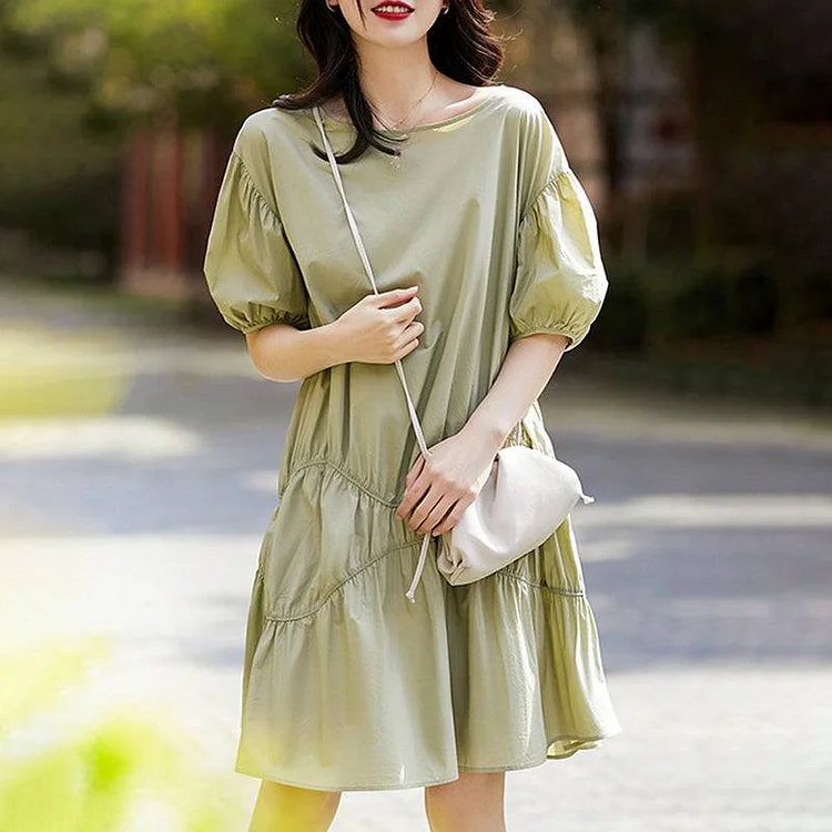 Puff Sleeve Ruched A-Line Dress QueenFunky