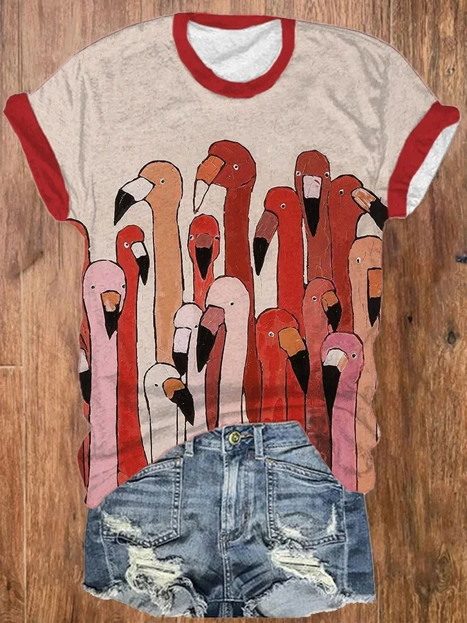 Women's Oil Painting Flamingo Print T-Shirt