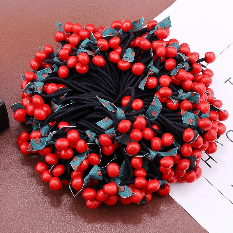 Korean Cherry Head Strap Rubber Band Cute Hair Ring Double Strand Red Apple Bow Hair Strap Mori Women’s Pony Tail Headwear