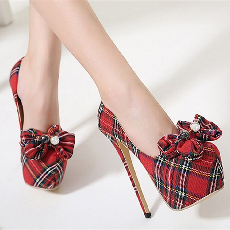 Women's Red Plaid Flowered Stiletto Platform Heels Pump |FSJ Shoes