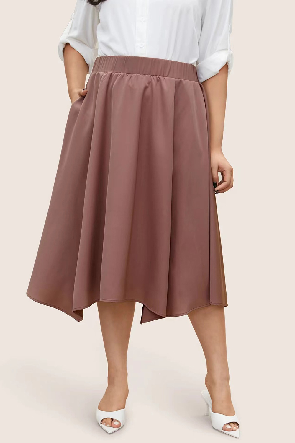 Plus Size Everyday Russet Elastic Waist Pocket Asymmetrical Hem Midi Skirt 2024 - Flycurvy 