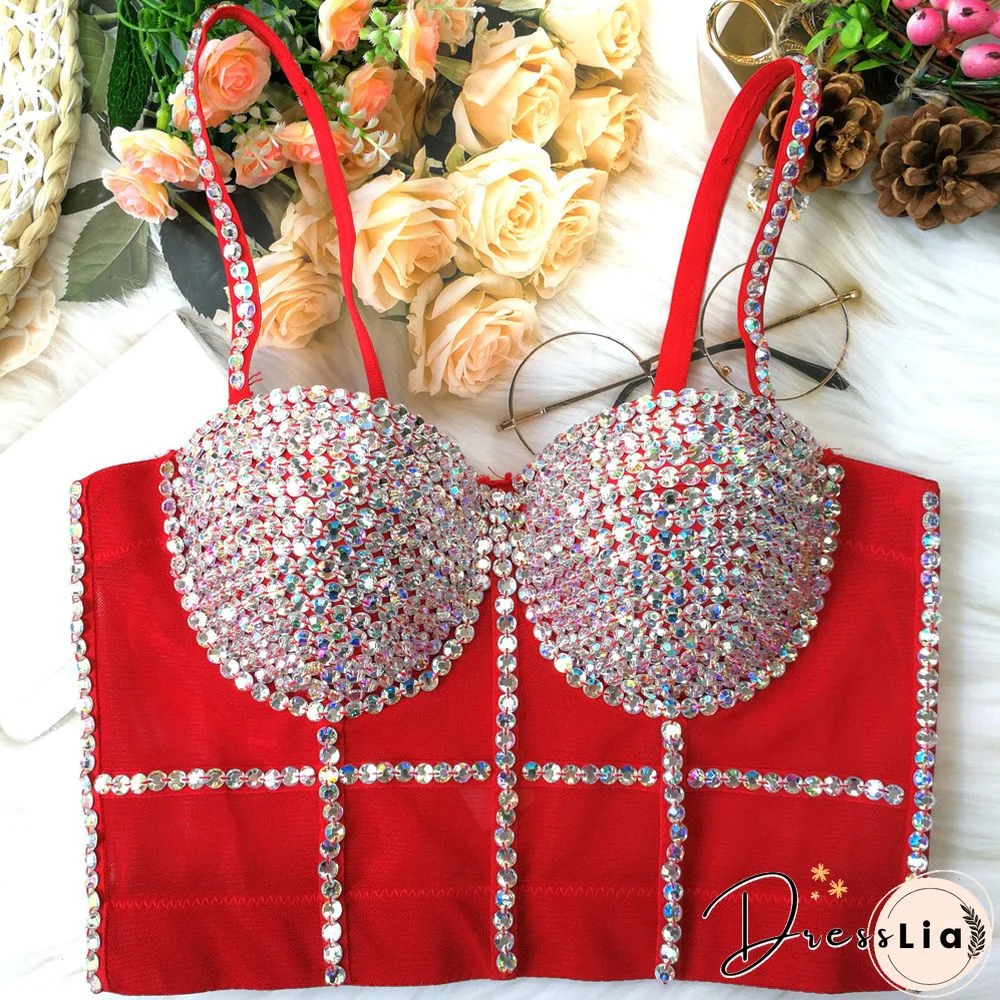 Multi Color Diamantes Women Sexy Push Up Crop Top Shiny Corset Bustier Camisole Nightclub Dance Camgirl Vest Black Nude