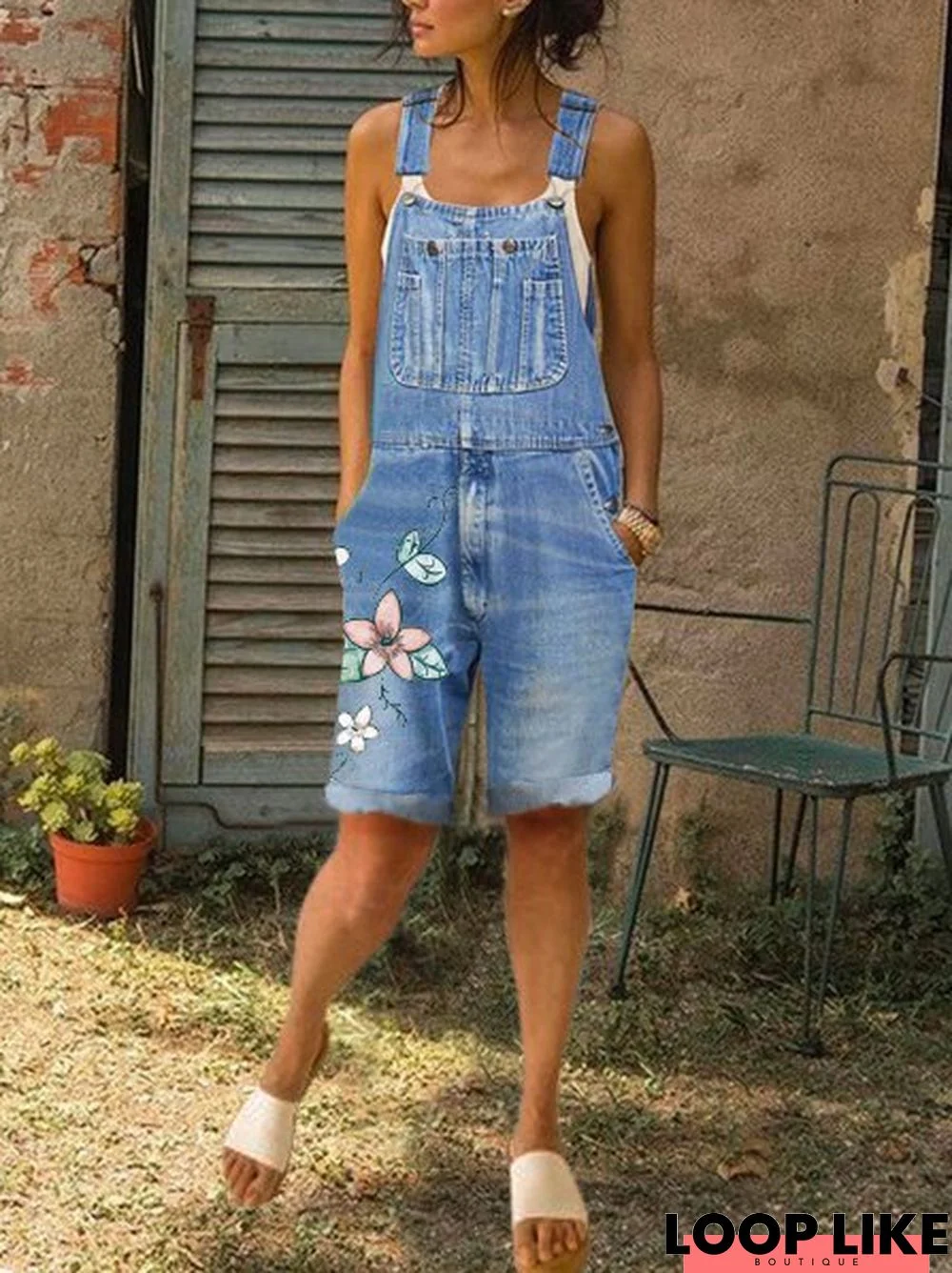 zolucky Women Floral Print Denim Short Jumpsuit Jeans Overalls