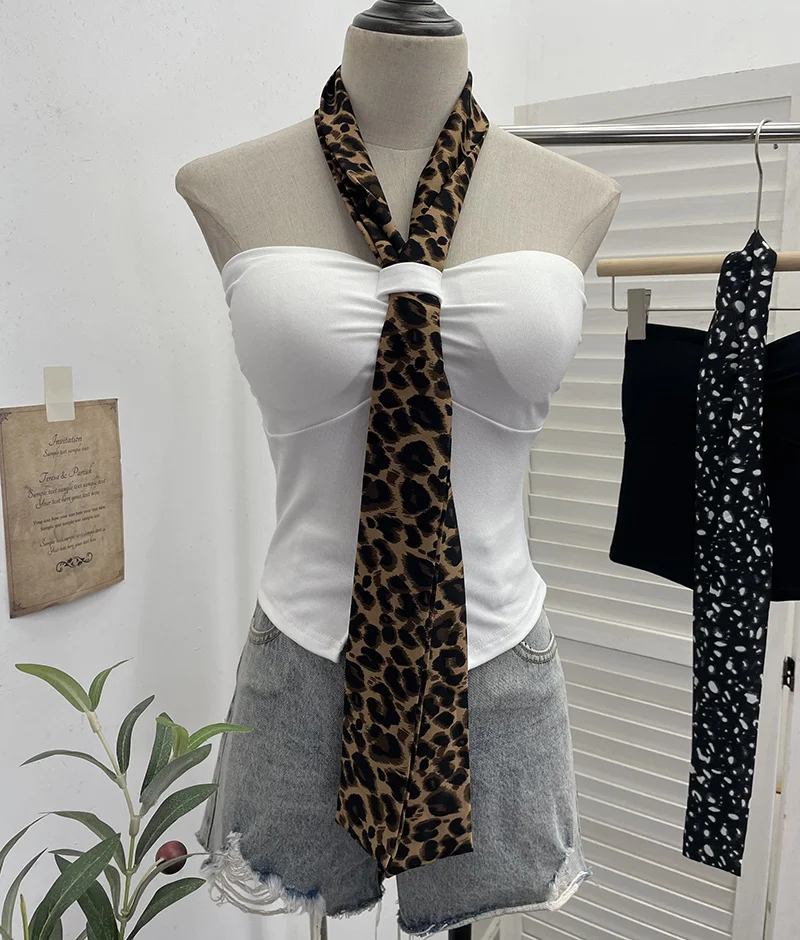 Uveng Real Shot Leopard-Print Silk Scarf Hanging Neck Design Folded Bra Strap Chest Pad Vest Short Sleeveless Top Lady 9206