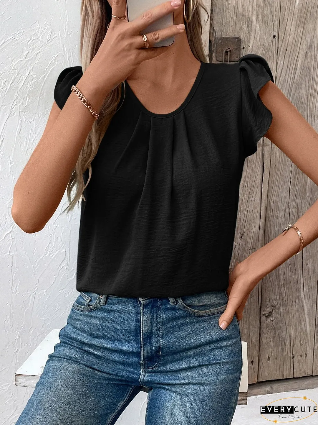 Ruched Round Neck Cap Sleeve Blouse
