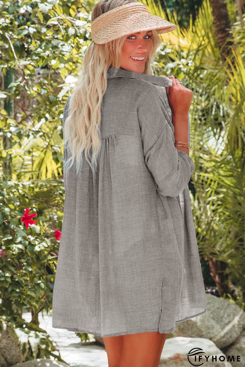 Gray Lightweight Shirt Style Beach Cover Up | IFYHOME
