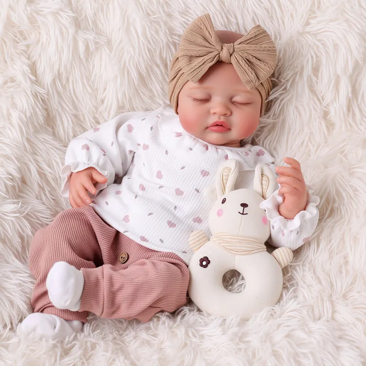 Babeside Sweet Dreams Nancy 17" Realistic Sleeping Baby Doll Girl in Heart Print Top & Dusty Pink Pants
